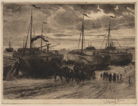 KG 20052
<br/>
Bomschuiten op het Scheveningse strand
<br/>
<em>Dingemans, Waalko Jans (1873-1925)</em>